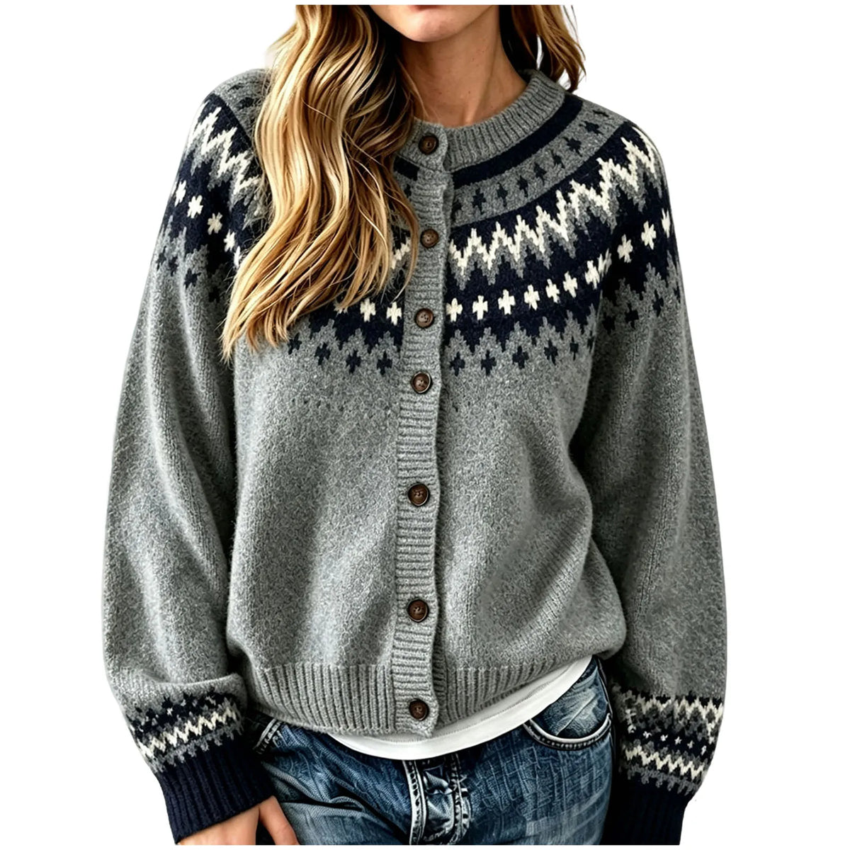 Sigrid | Women’s Knit Crew Neck Fair Isle Cardigan