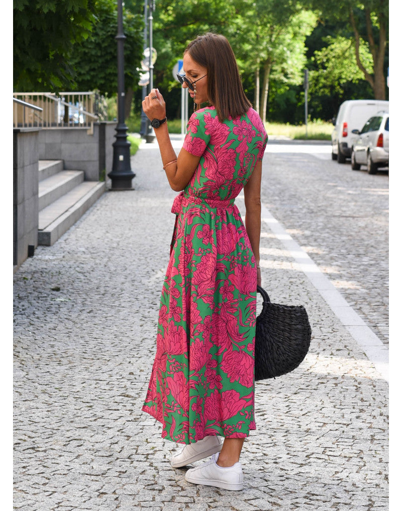 Floral Wrap Tie Waist Short Sleeve Asymmetric Midi Dress