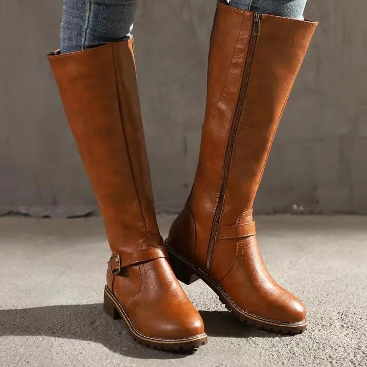 Lucinda | Women's Buckle Strap Knee High Riding Boots Brown