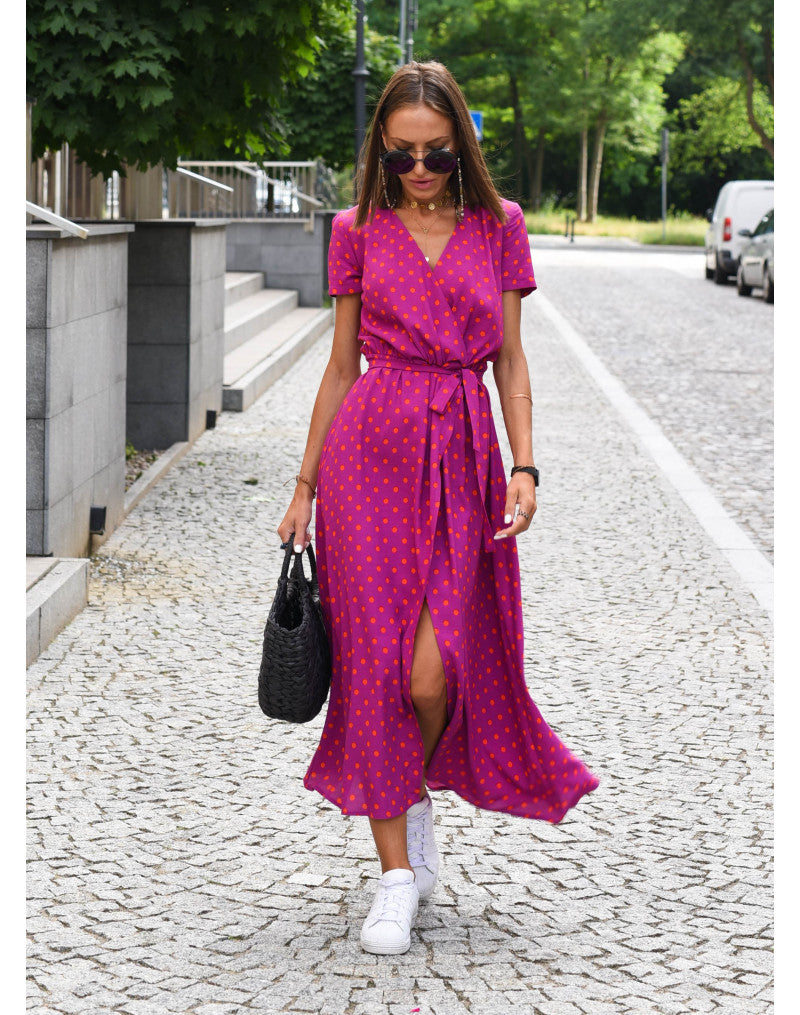 Floral Wrap Tie Waist Short Sleeve Asymmetric Midi Dress