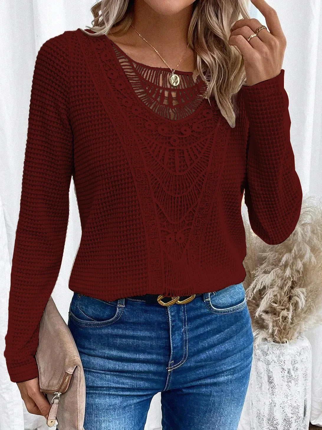 Marisela | Women's Crochet Detail Waffle Knit Sweater