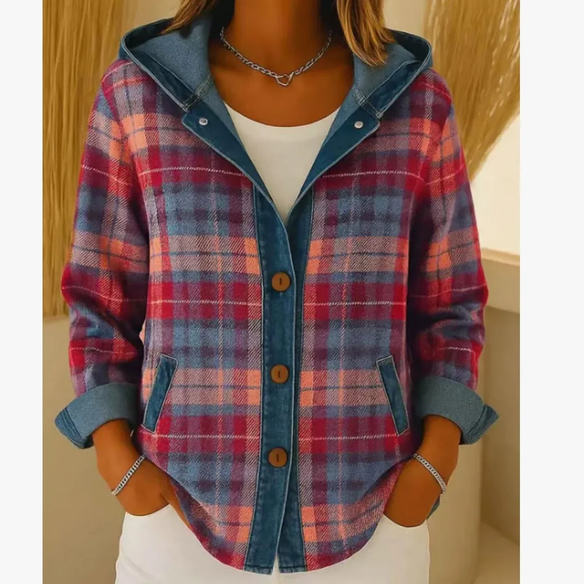 Fiorella | Women’s Plaid Hooded Jacket with Denim Trim