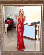 Red Sequin Backless Homecoming Dress