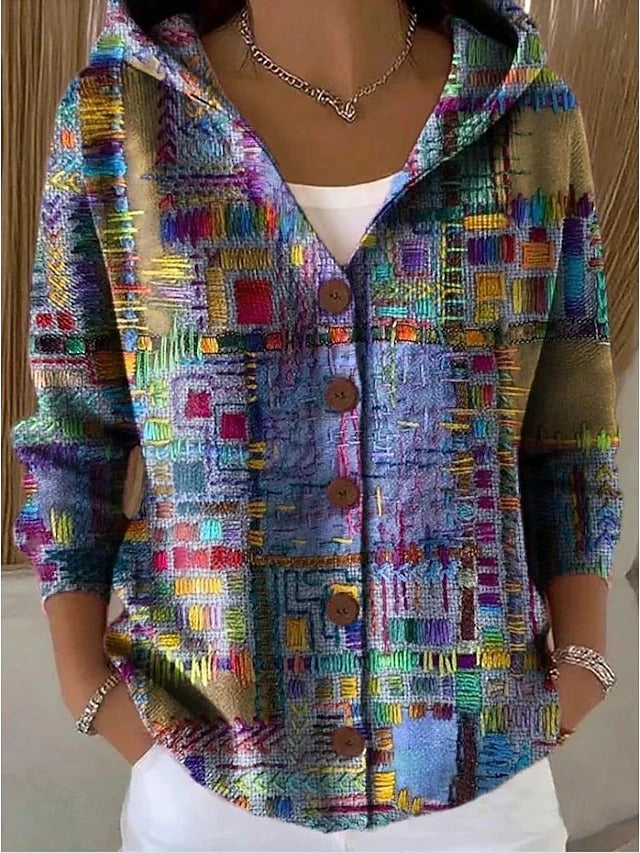 Marguerite | Women's Multicolour Print Hooded Button Cardigan