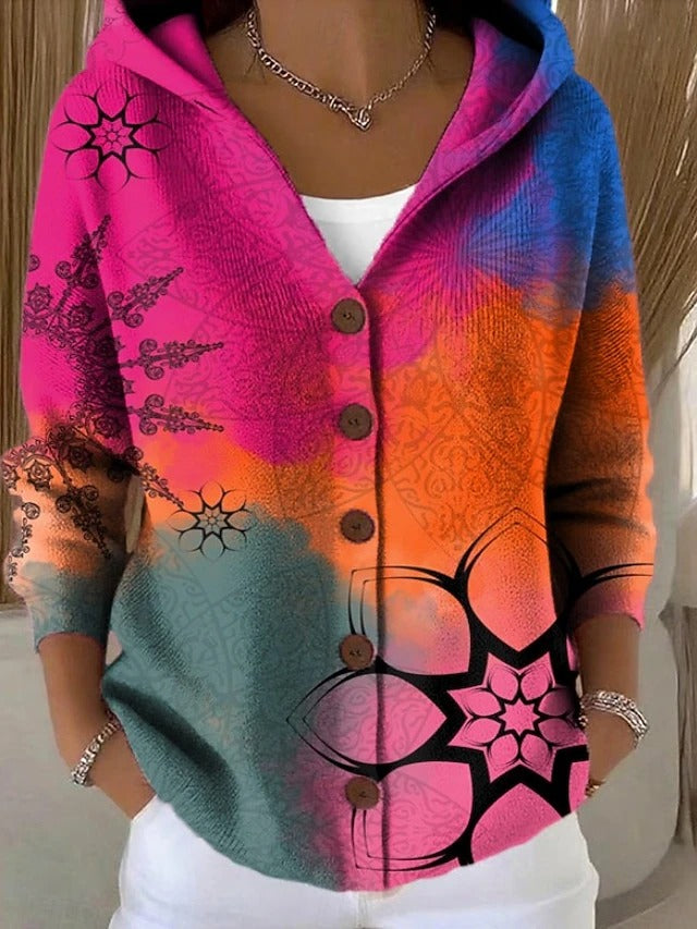 Marguerite | Women's Multicolour Print Hooded Button Cardigan