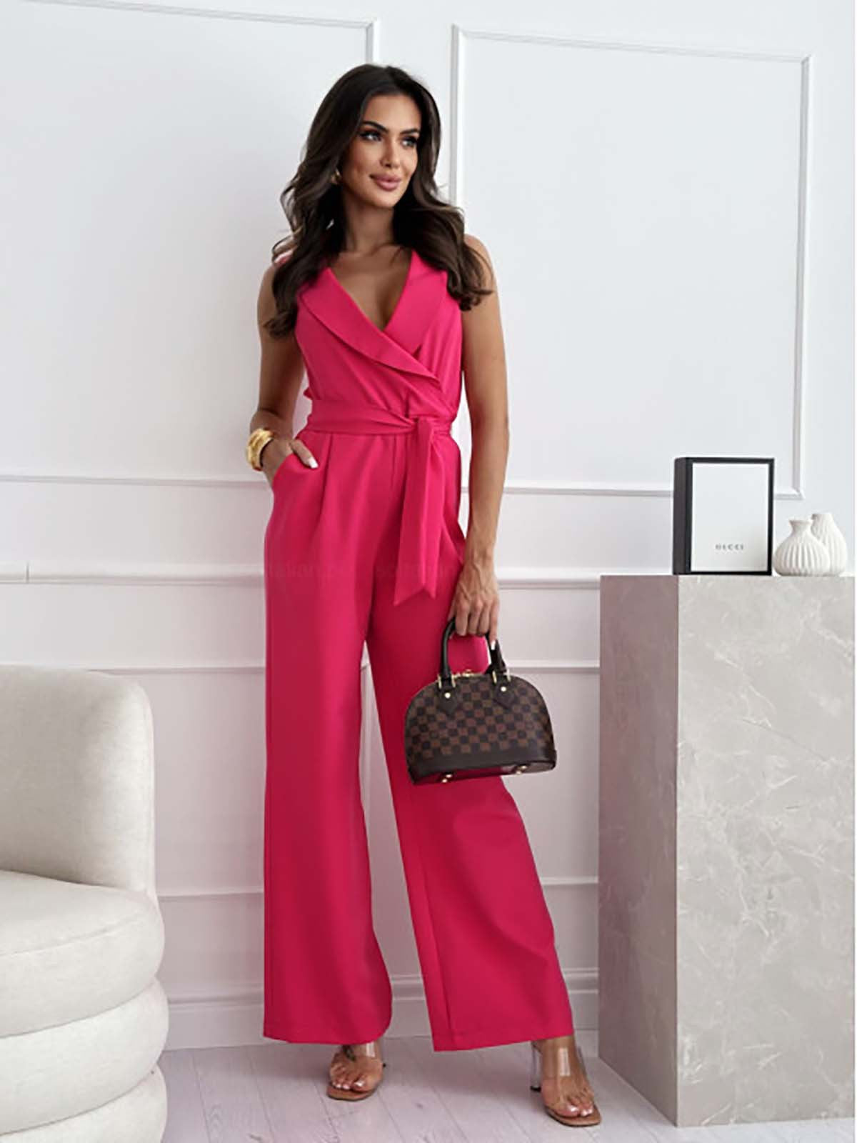 Sleeveless Lapel V Neck Tie Waist Wide Leg Formal Jumpsuit