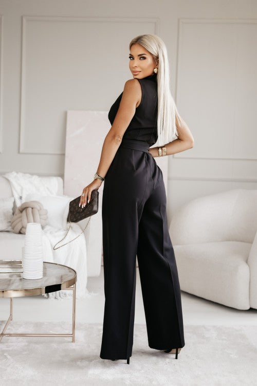 Sleeveless Lapel V Neck Tie Waist Wide Leg Formal Jumpsuit