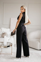 Sleeveless Lapel V Neck Tie Waist Wide Leg Formal Jumpsuit
