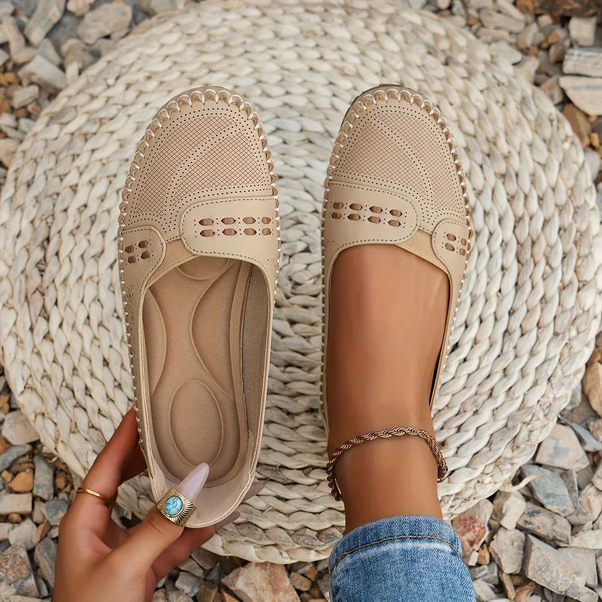 Perforated Stitch Detail Cushioned Slip On Ballet Sandal