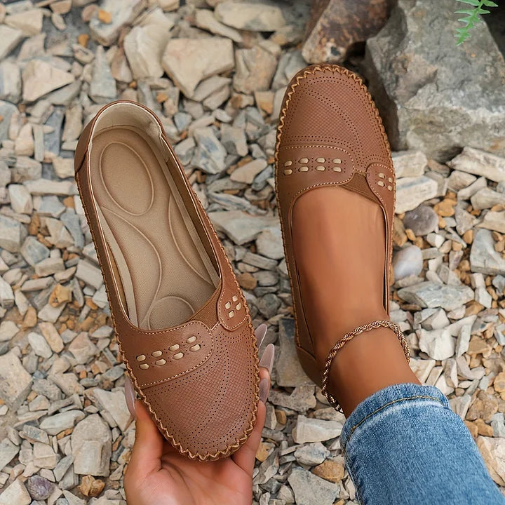 Perforated Cutout Woven Trim Cushioned Insole Slip On Flat Loafer