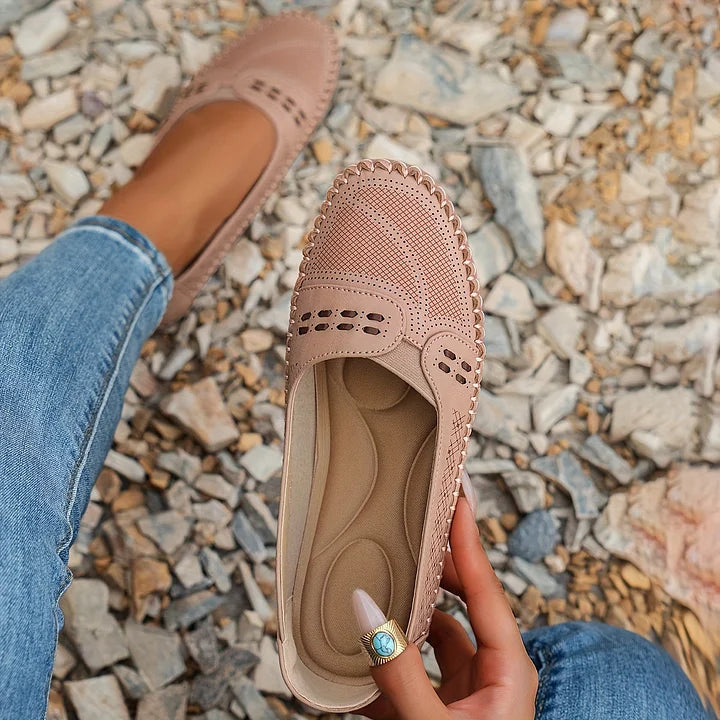 Perforated Cutout Woven Trim Cushioned Insole Slip On Flat Loafer