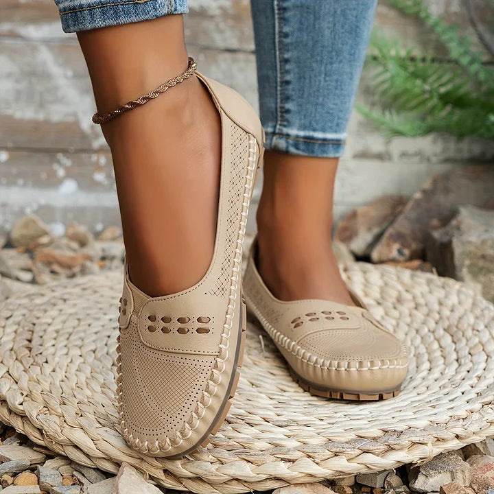 Perforated Cutout Woven Trim Cushioned Insole Slip On Flat Loafer