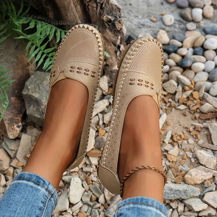 Perforated Cutout Woven Trim Cushioned Insole Slip On Flat Loafer
