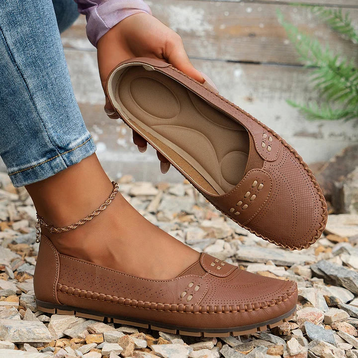 Perforated Cutout Woven Trim Cushioned Insole Slip On Flat Loafer