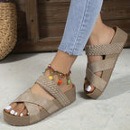 Woven Cross Strap Open Toe Platform Wedge Mule