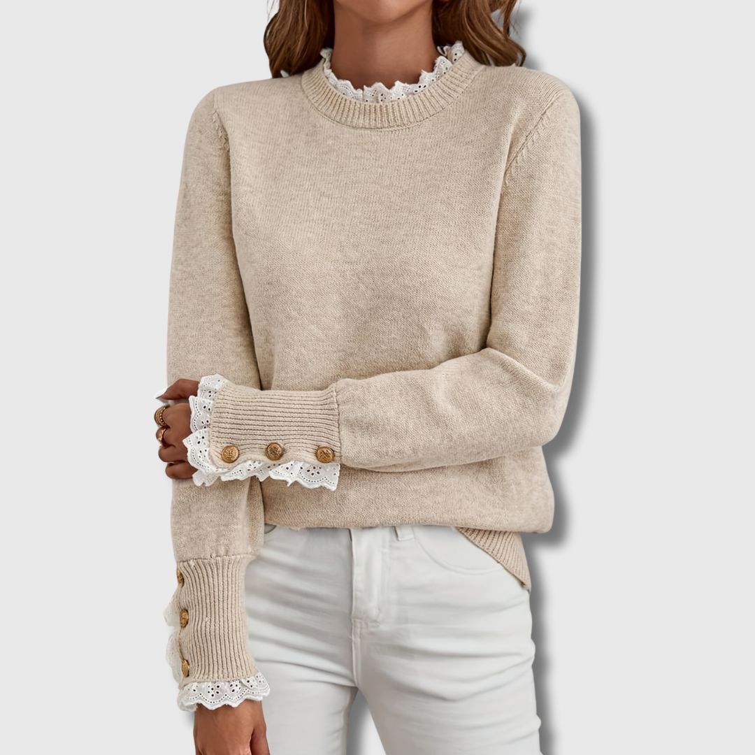 Marielle | Women's Ruffle Lace Trim Sweater with Button Cuffs