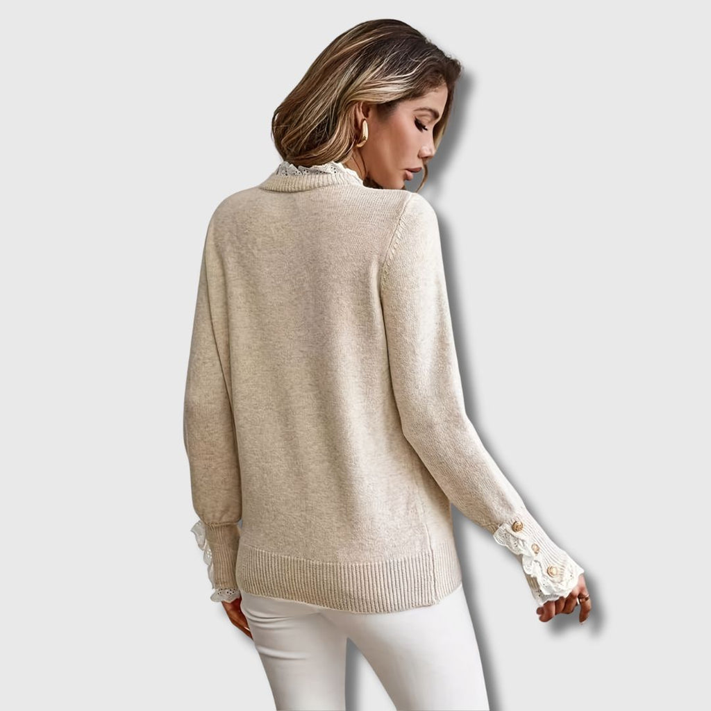Marielle | Women's Ruffle Lace Trim Sweater with Button Cuffs