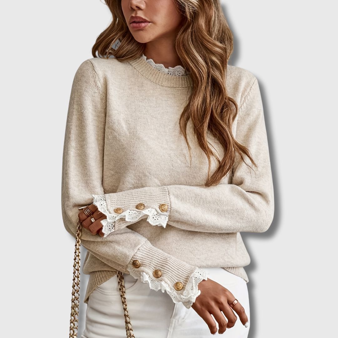 Marielle | Women's Ruffle Lace Trim Sweater with Button Cuffs