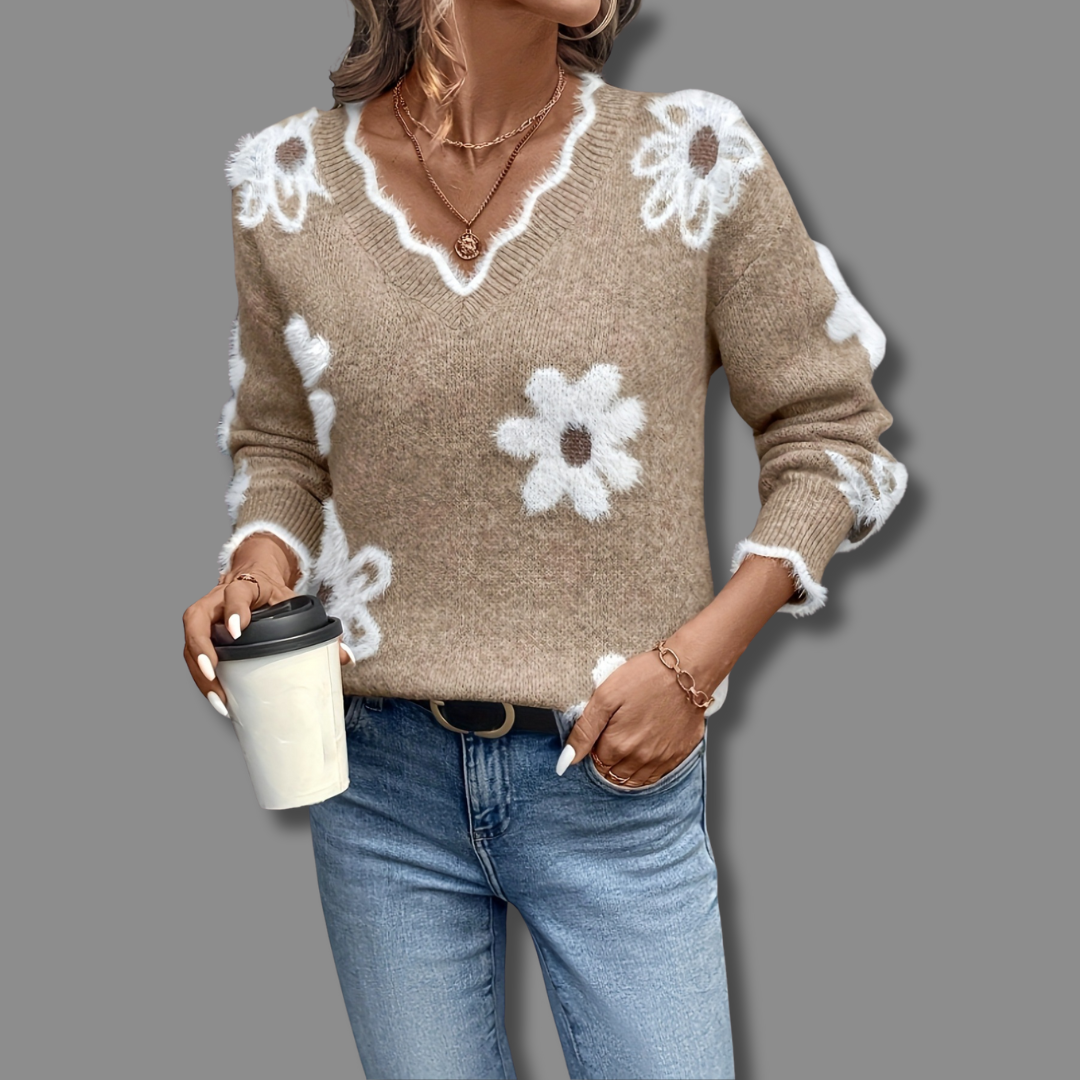 Camille | Women's V-Neck Sweater with Textured Floral Detail
