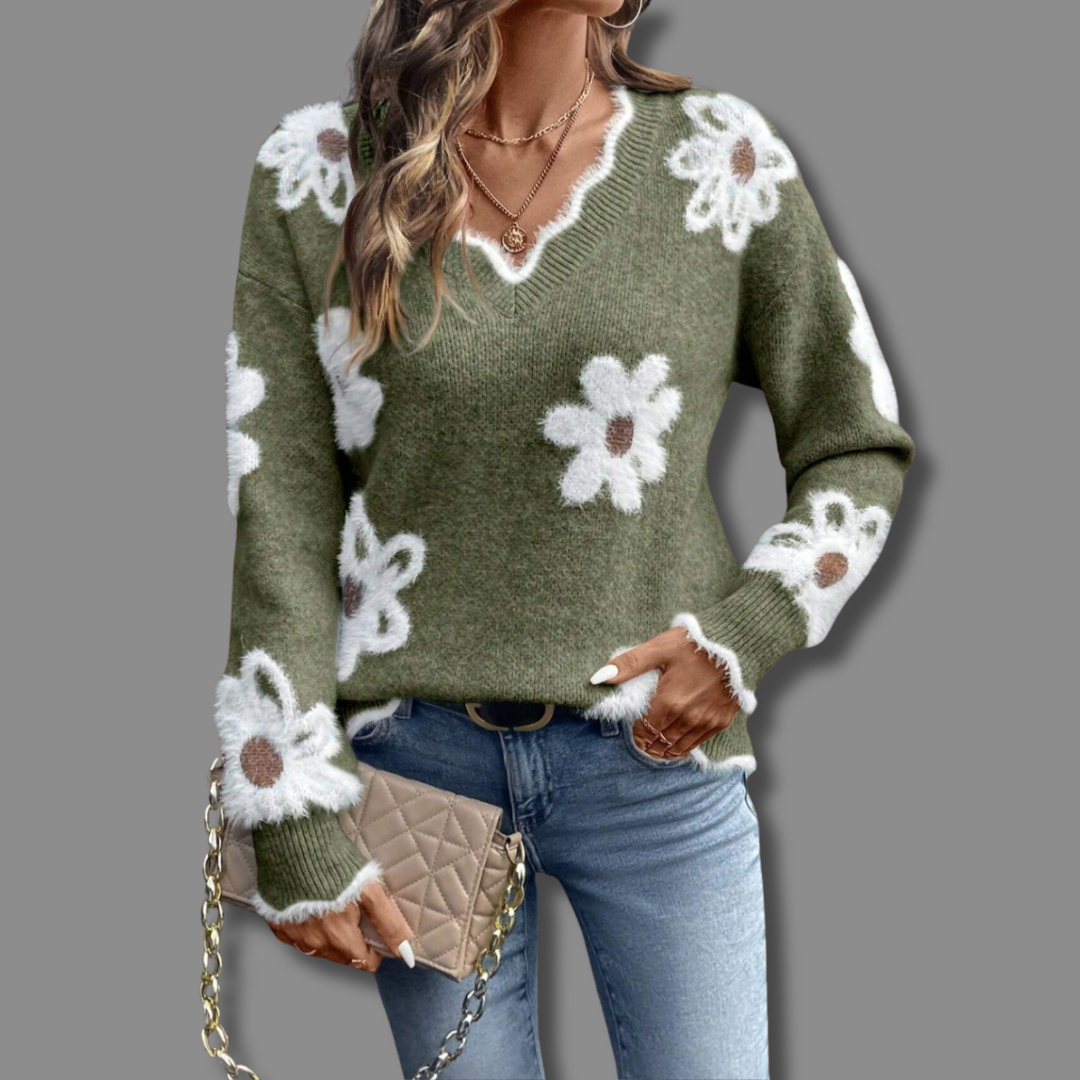 Camille | Women's V-Neck Sweater with Textured Floral Detail