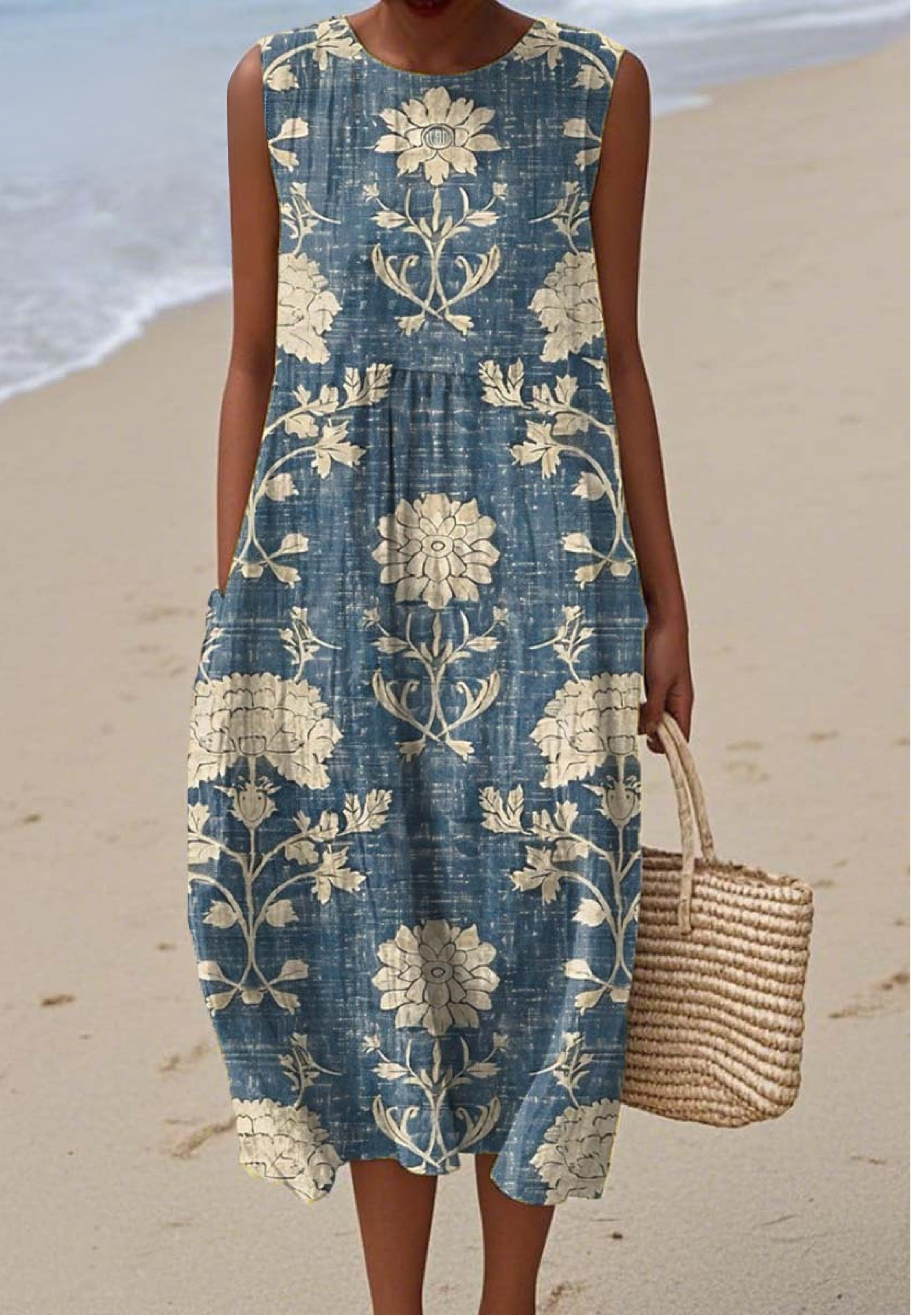 Vintage Floral Print Sleeveless Casual Midi Dress