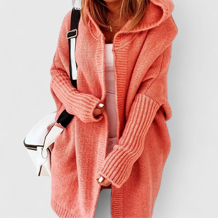 Elowen | Women's Longline Hooded Cardigan with Ribbed Open Front
