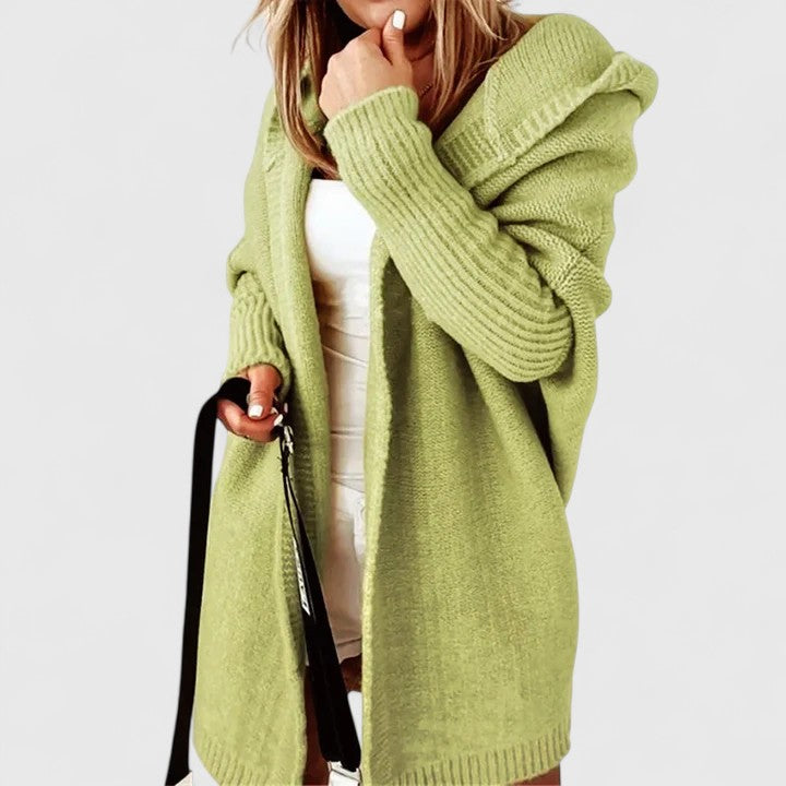 Elowen | Women's Longline Hooded Cardigan with Ribbed Open Front
