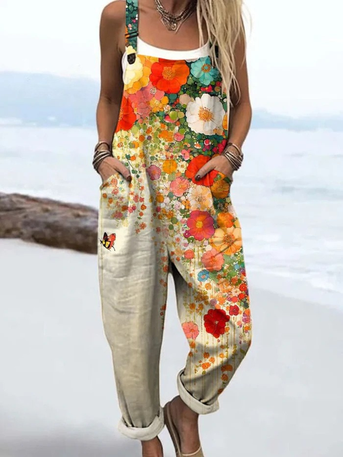 Vintage Floral Butterfly Print Adjustable Strap Casual Jumpsuit