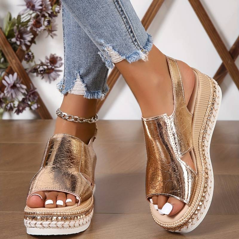 Metallic Cut Out Hook Loop Platform Wedge Sandal