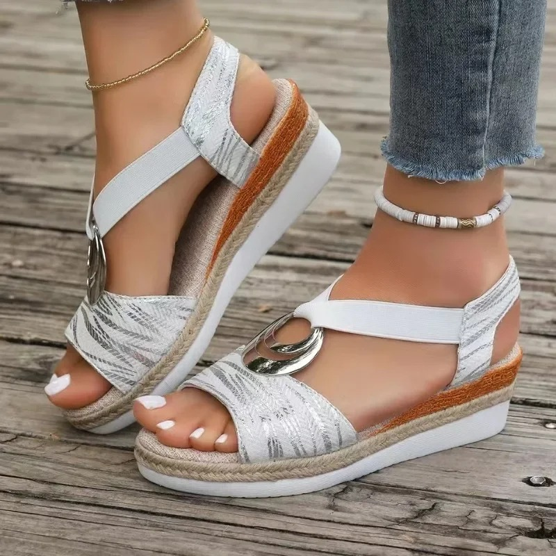 Metal Ring Elastic Strap Espadrille Wedge Sandal
