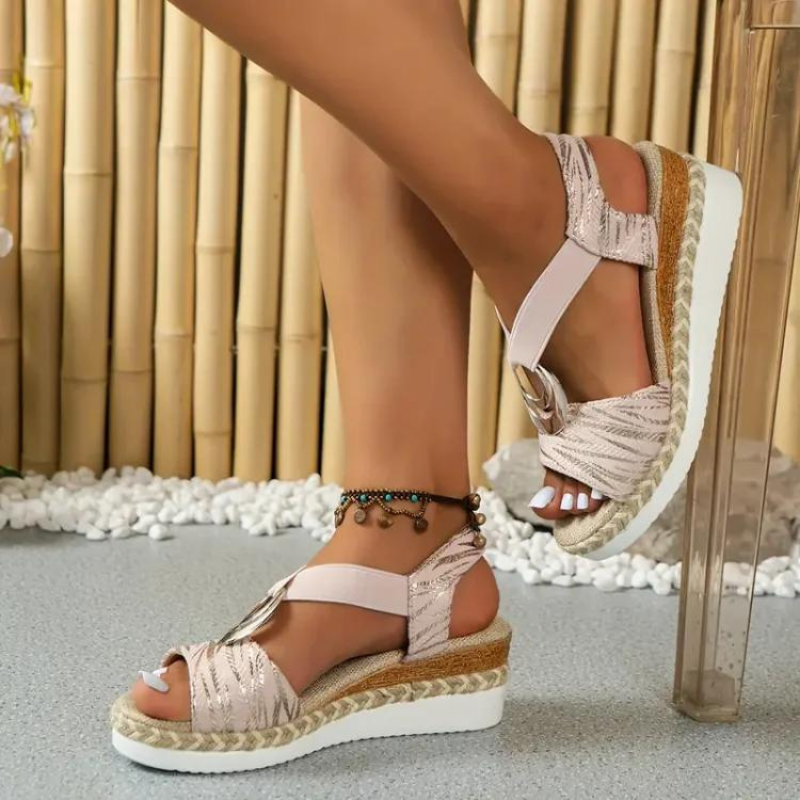 Metal Ring Elastic Strap Espadrille Wedge Sandal