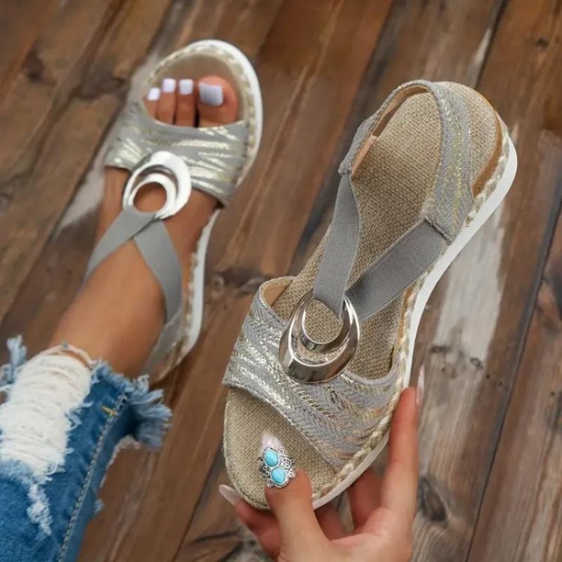 Metal Ring Elastic Strap Espadrille Wedge Sandal