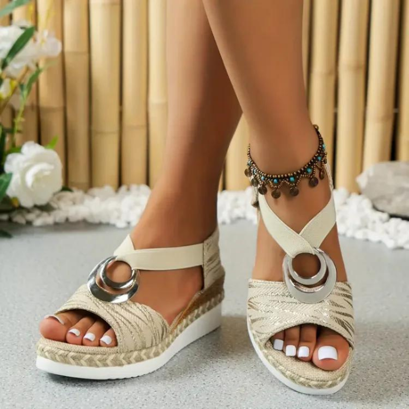 Metal Ring Elastic Strap Espadrille Wedge Sandal