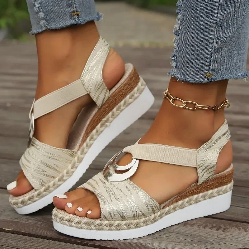 Metal Ring Elastic Strap Espadrille Wedge Sandal