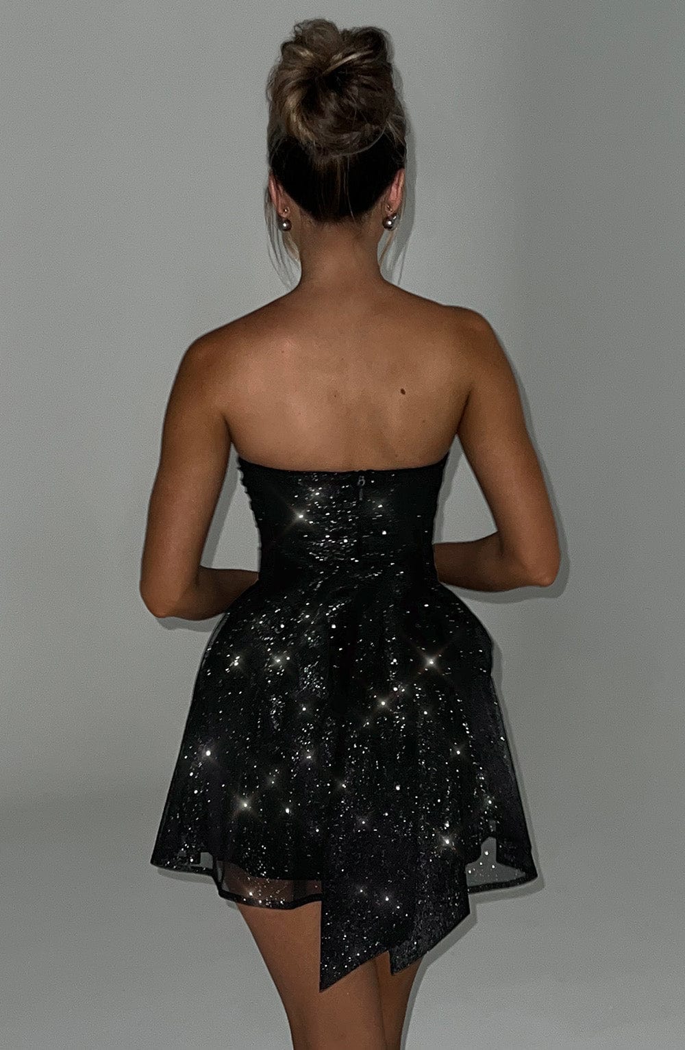 Strapless Glitter Tulle Skater Black Mini Homecoming Dress