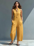 Button Placket Sleeveless Wide Leg Casual Linen Jumpsuit