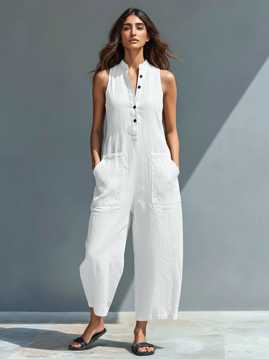 Button Placket Sleeveless Wide Leg Casual Linen Jumpsuit