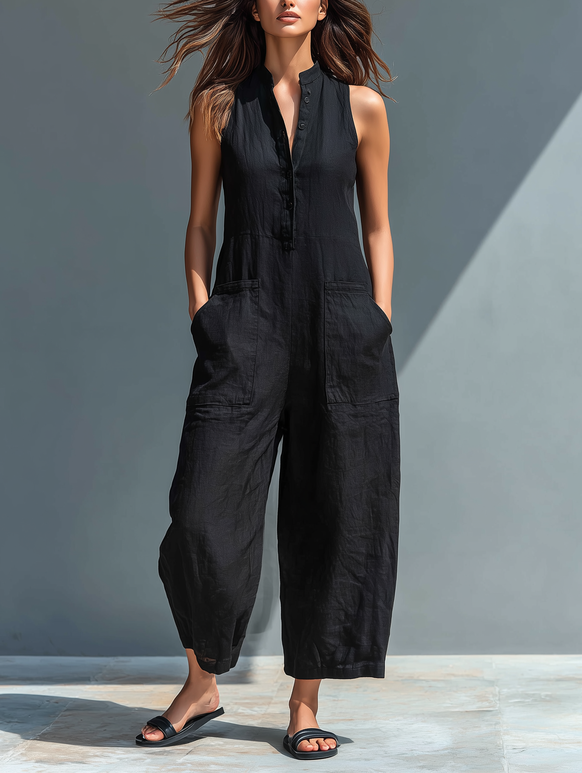 Button Placket Sleeveless Wide Leg Casual Linen Jumpsuit
