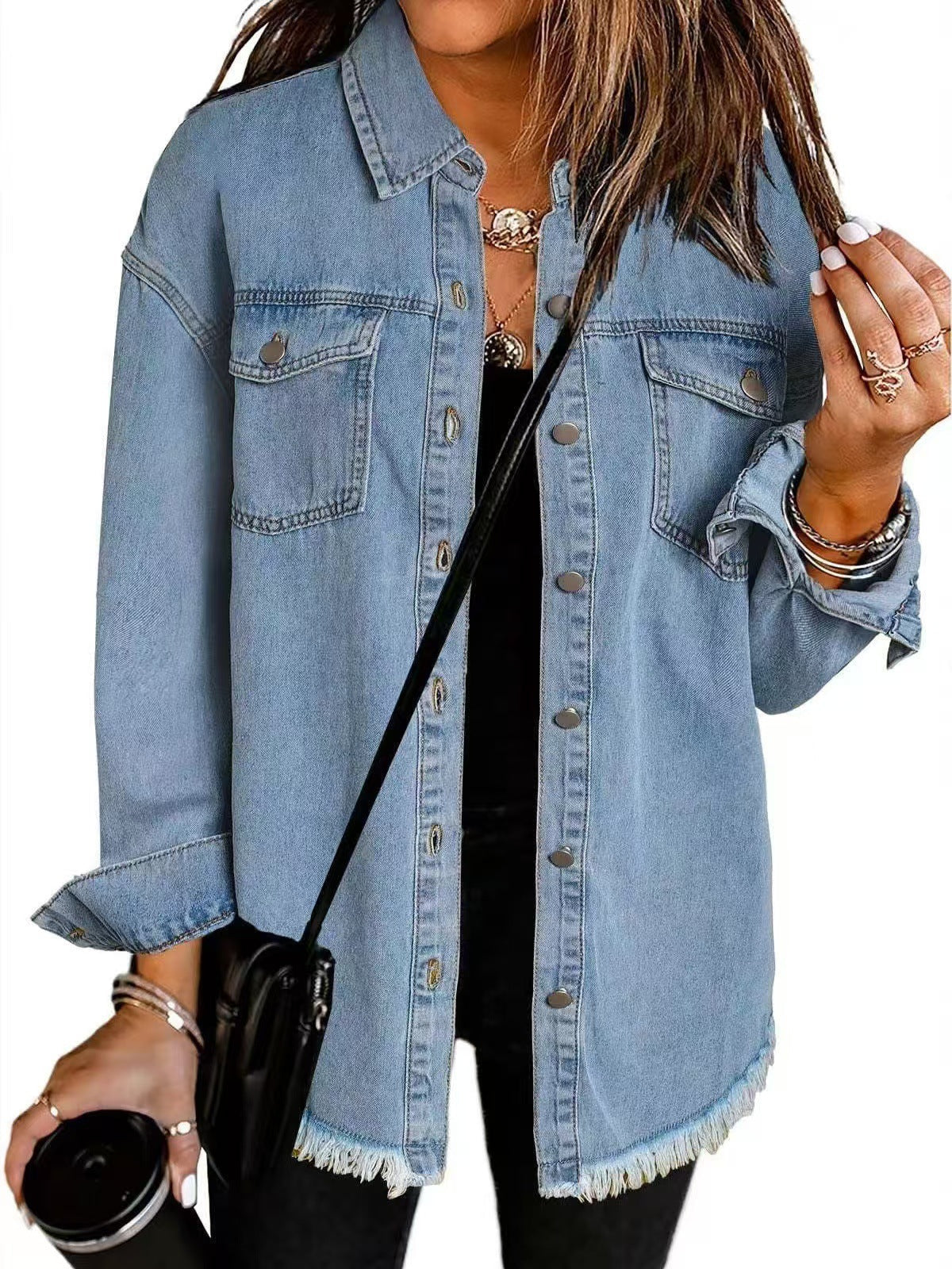 Wilhelmina | Women's Longline Frayed Hem Denim Jacket