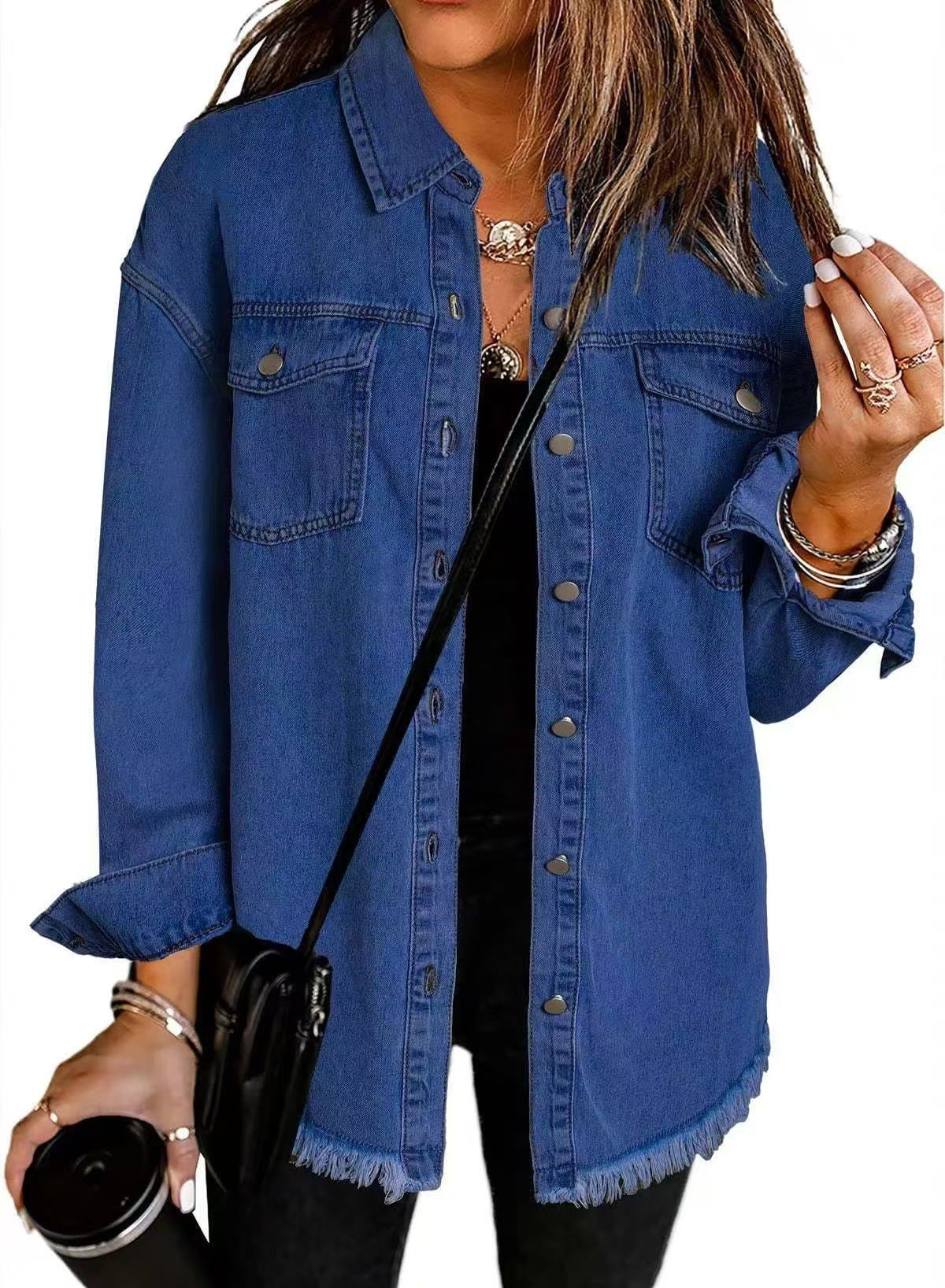 Wilhelmina | Women's Longline Frayed Hem Denim Jacket