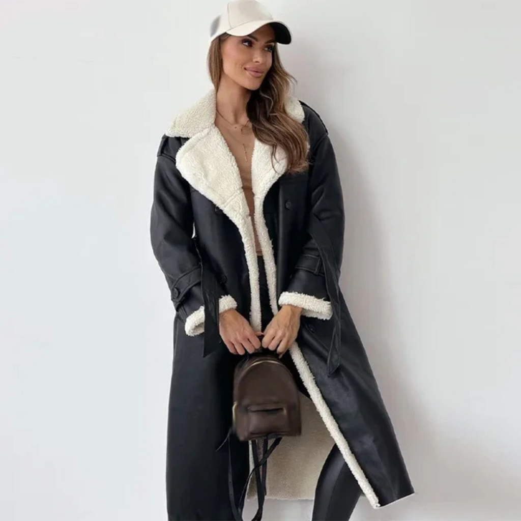 Marisol | Women's Faux Leather Coat with Contrast Shearling Trim