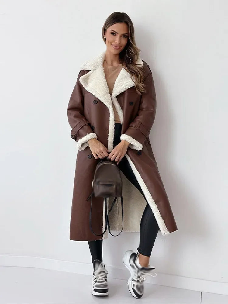 Marisol | Women's Faux Leather Coat with Contrast Shearling Trim
