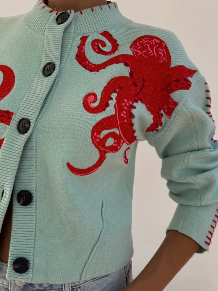 Wren | Women's Octopus Graphic Print Button Cardigan