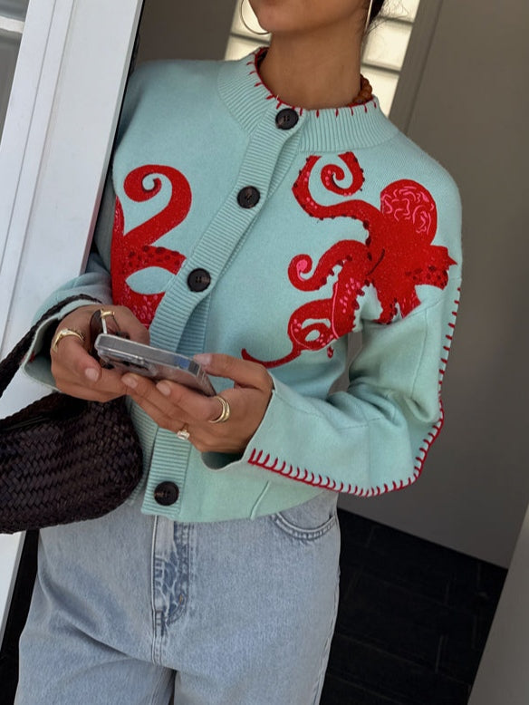 Wren | Women's Octopus Graphic Print Button Cardigan