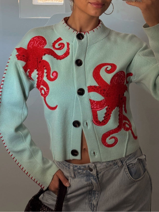 Wren | Women's Octopus Graphic Print Button Cardigan