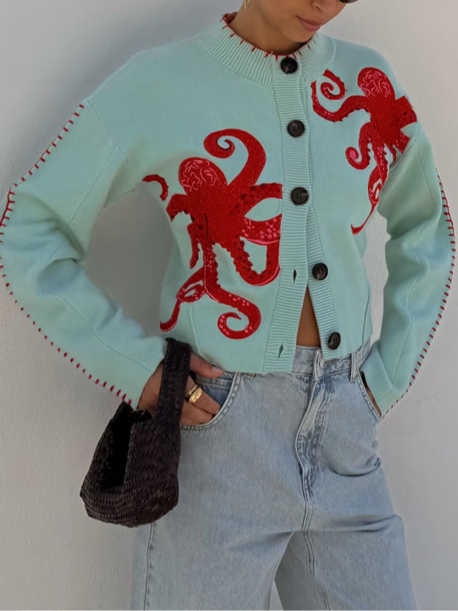 Wren | Women's Octopus Graphic Print Button Cardigan