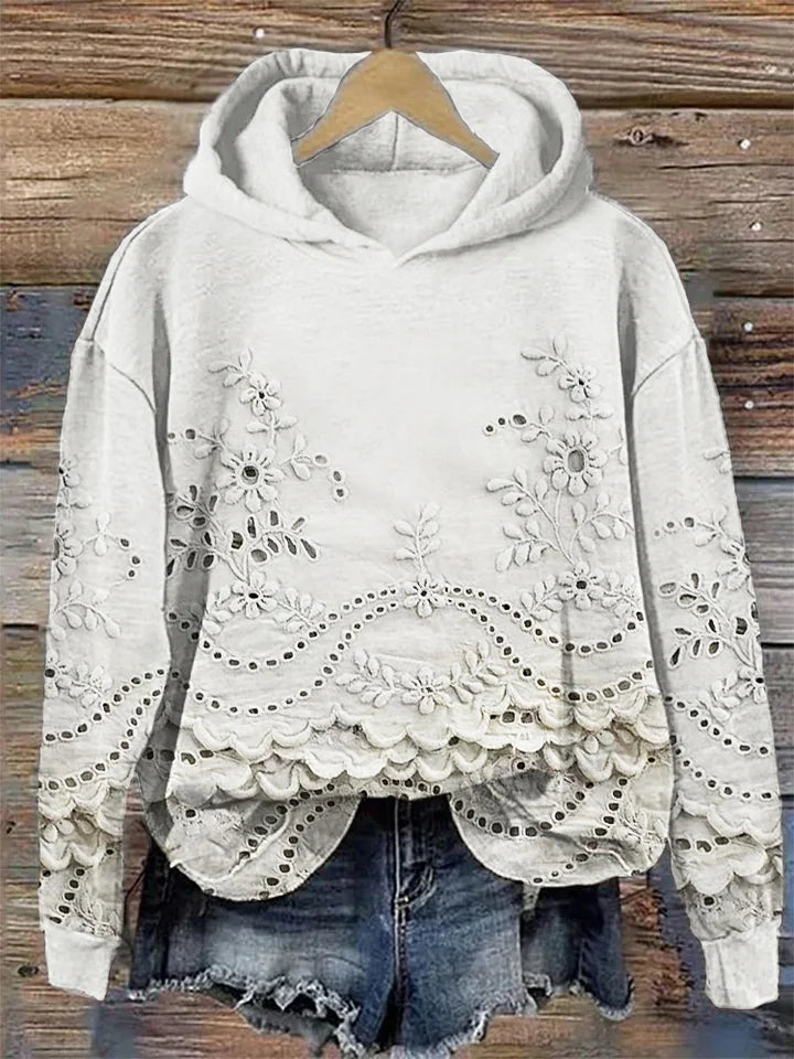 Faye | Women's Floral Embroidered Hoodie with Scalloped Hem