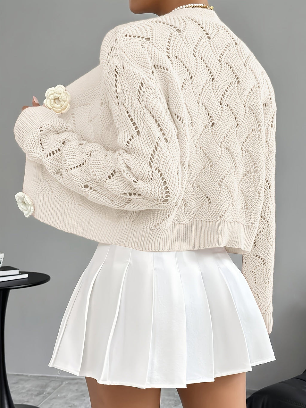Marigold | Women's Crochet Knit Cardigan with Floral Buttons