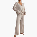 Eleonora | Women's Ribbed Knit V-Neck Sweater and Wide Leg Pants Set