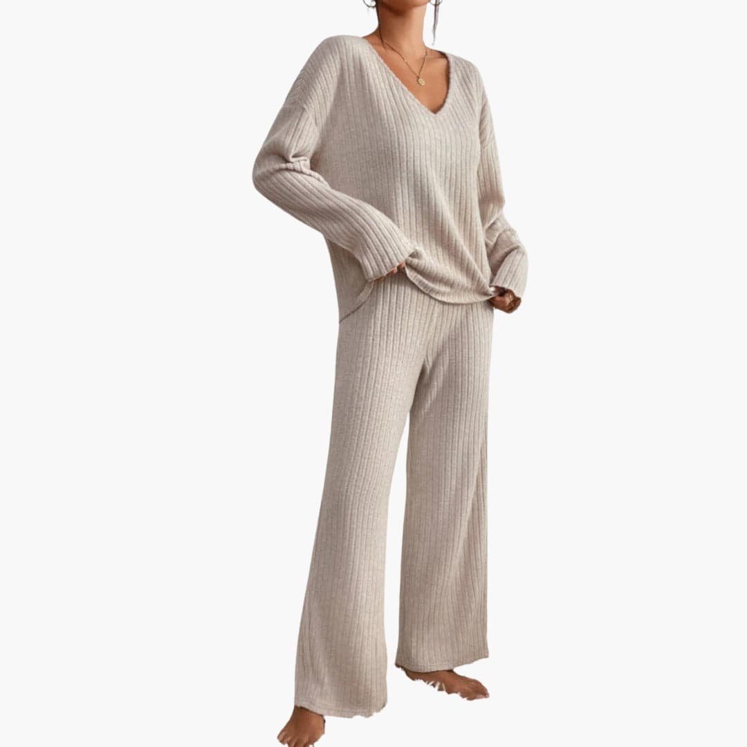 Eleonora | Women's Ribbed Knit V-Neck Sweater and Wide Leg Pants Set